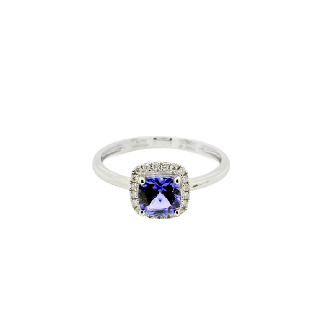18k White Gold | Tanzanite & Diamond Halo Ring | M ½