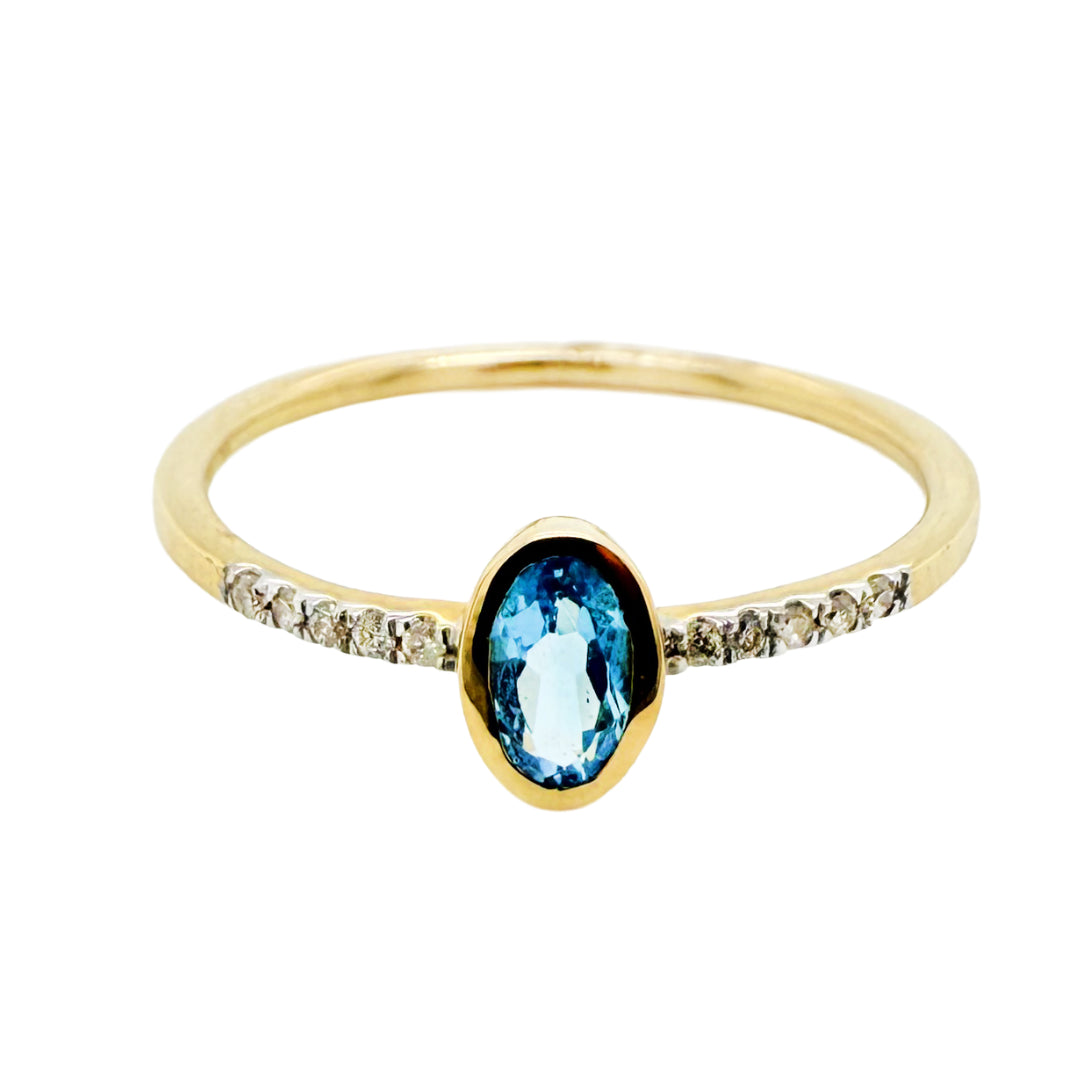 10k Yellow Gold Blue Topaz & Diamond Ring | M | 6.5
