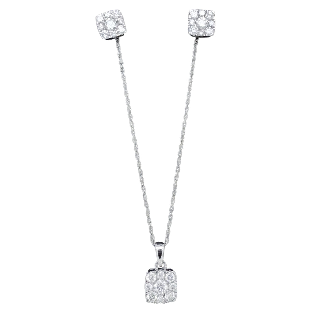 14k White Gold Diamond Cluster Necklace & Earring Set