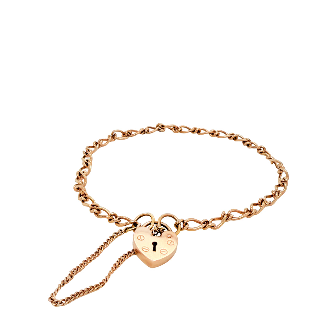 9ct Rose Gold Oval Figaro Flat Heart Padlock Bracelet 4.4g
