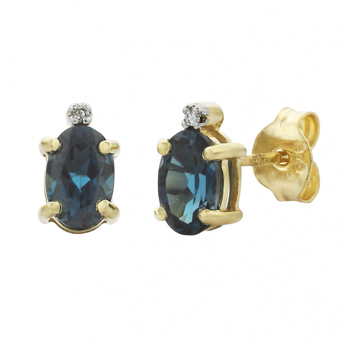 9k Yellow Gold London Blue Topaz & Diamond Stud Earrings