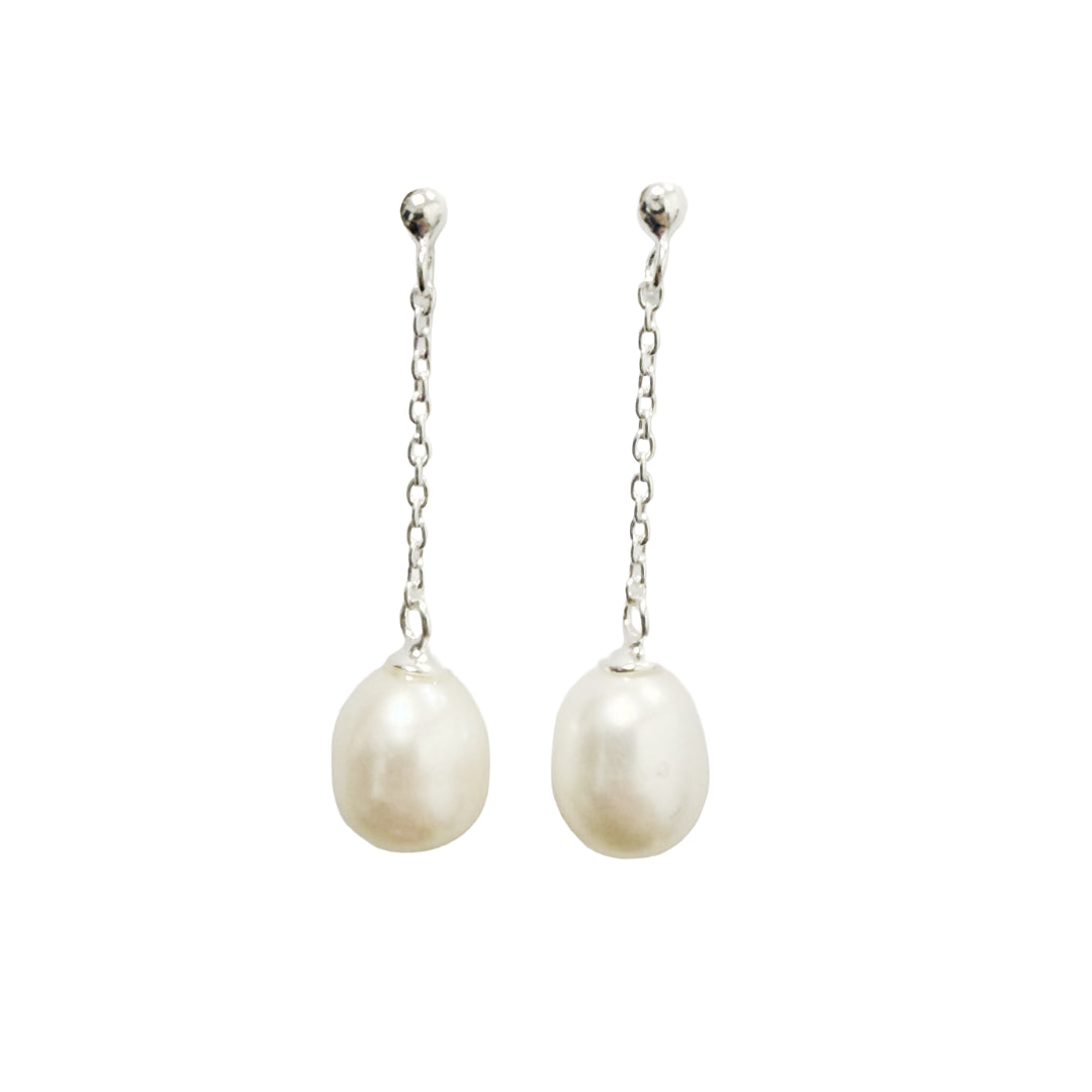 Pearl Silver Chain Drop Earrings