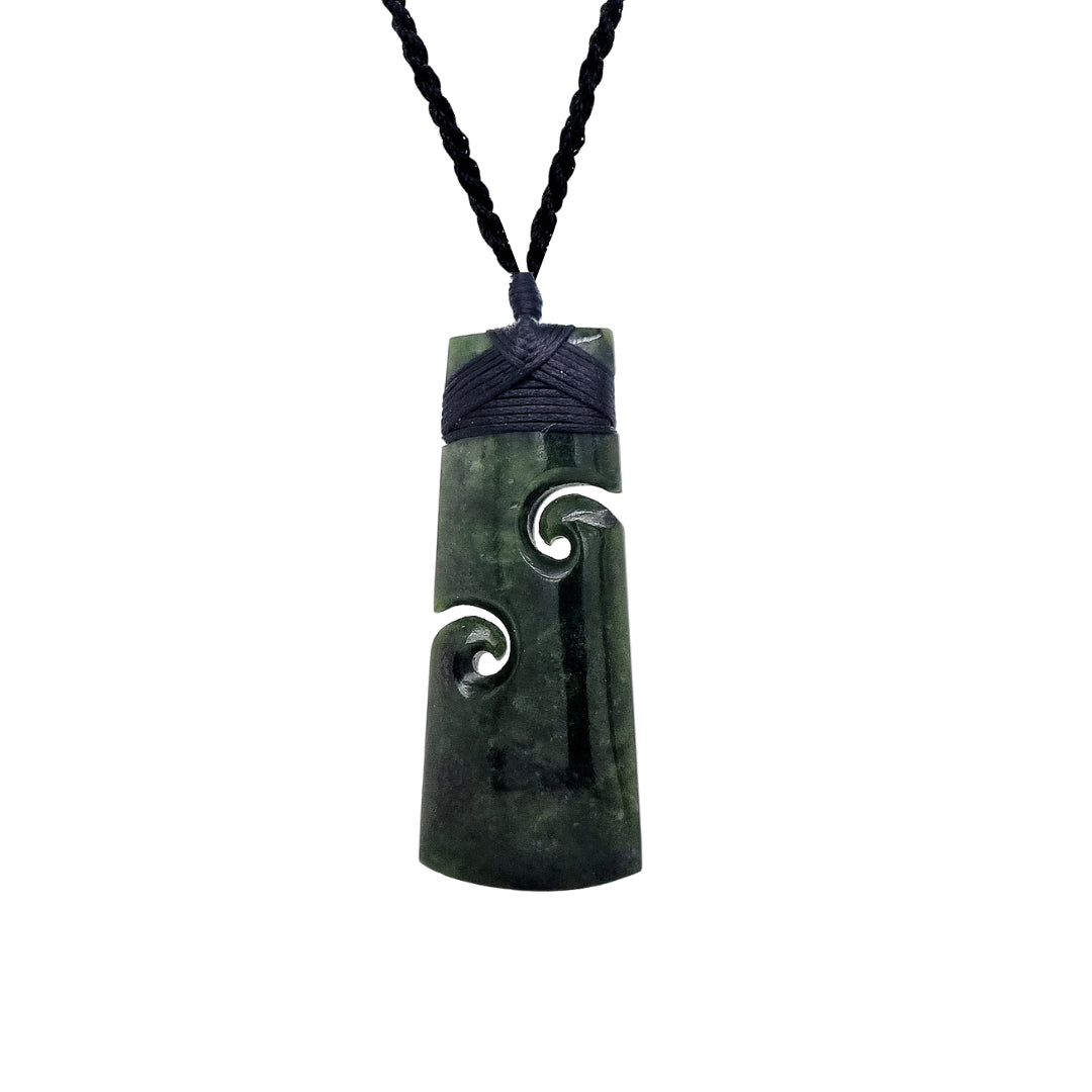 Wild At Heart NZ Pounamu Double Koru Carved Toki 75cm Cord