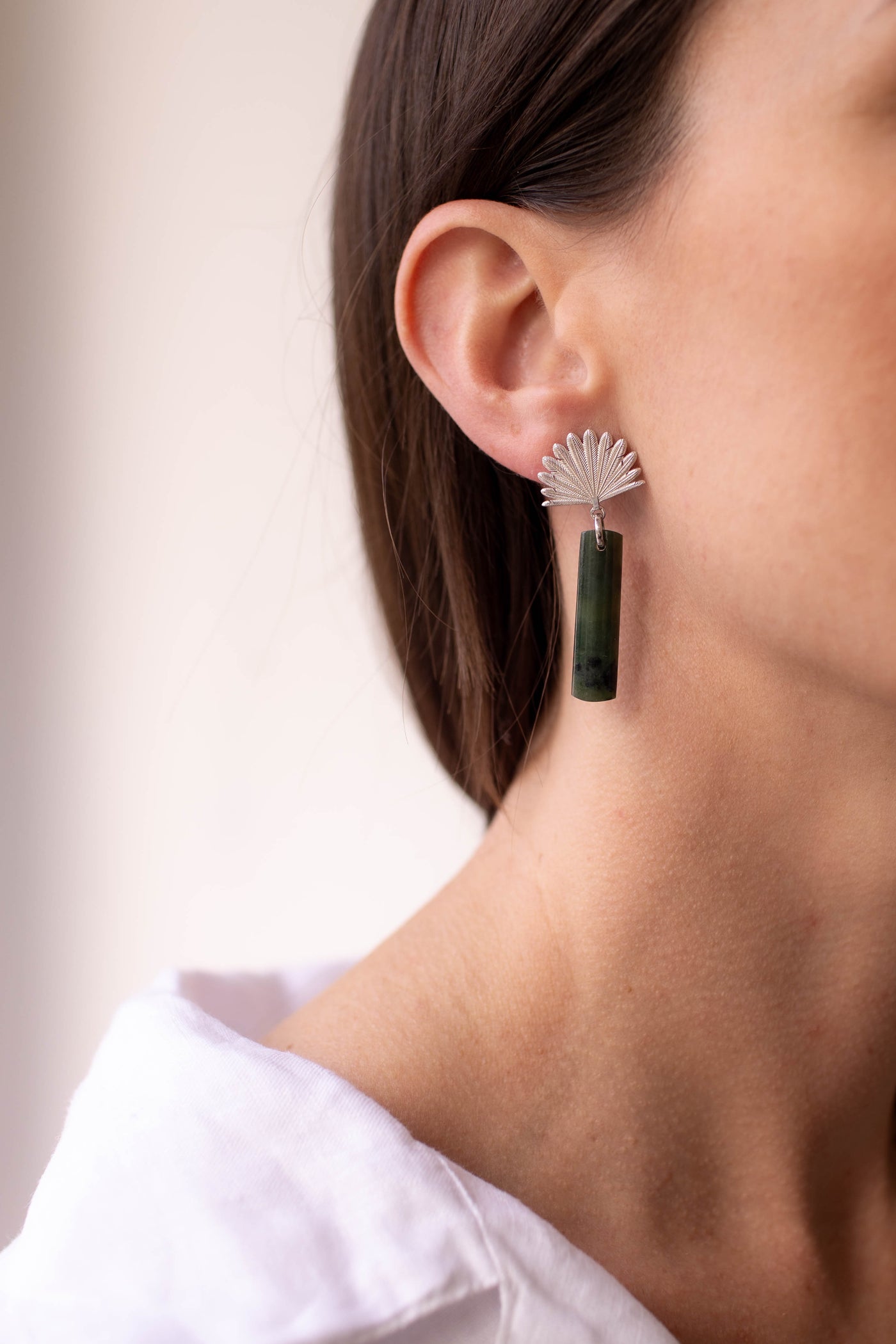 Boh Runga | Silver | Pounamu Piwakawaka Drop Earrings