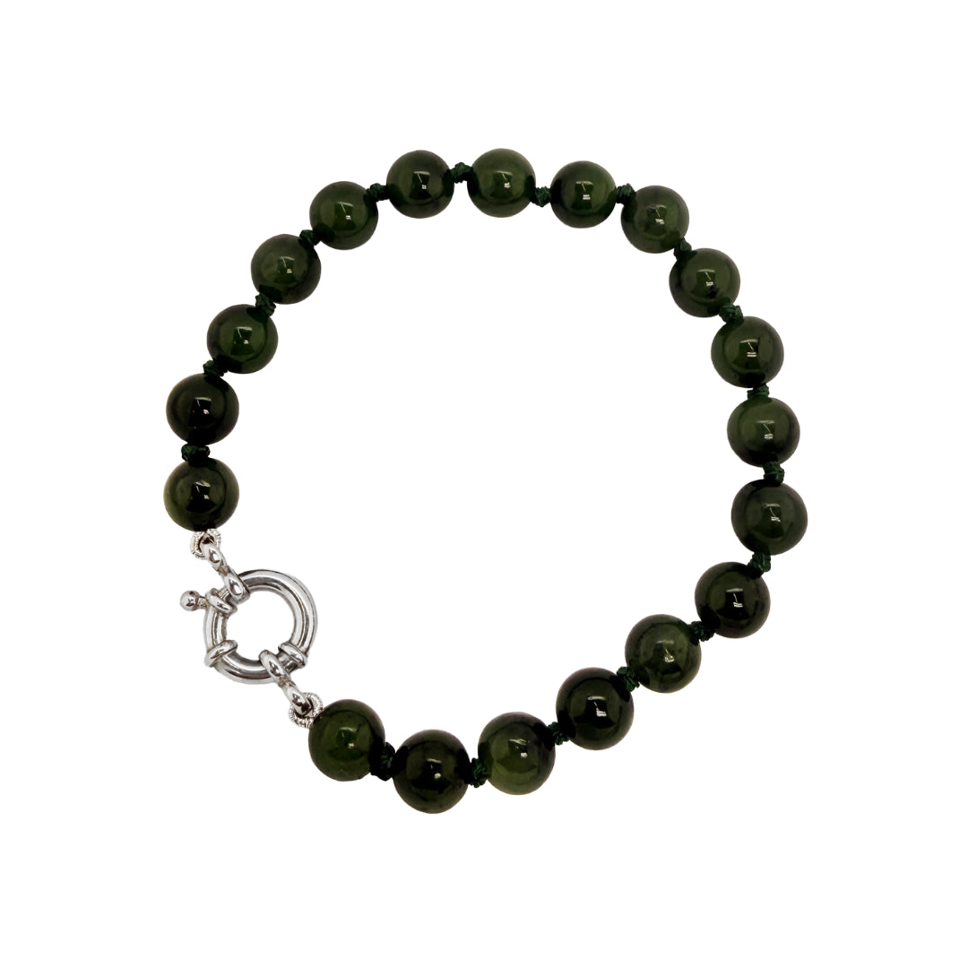 Wild at Heart 8mm Pounamu Bead Sterling Silver Bolt Ring Bracelet