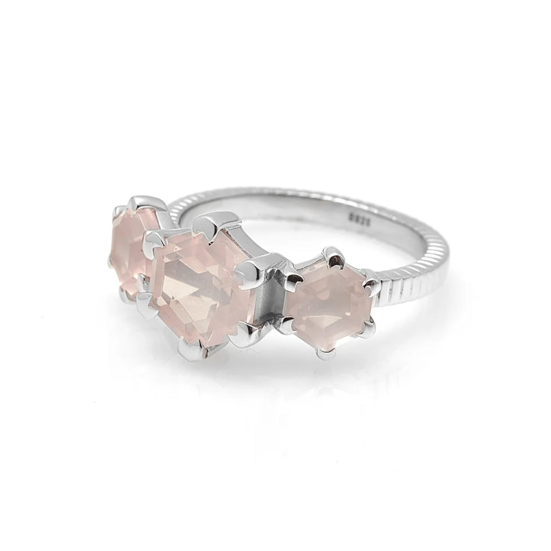 Silk & Steel Trinity Ring Rose Quartz + Silver