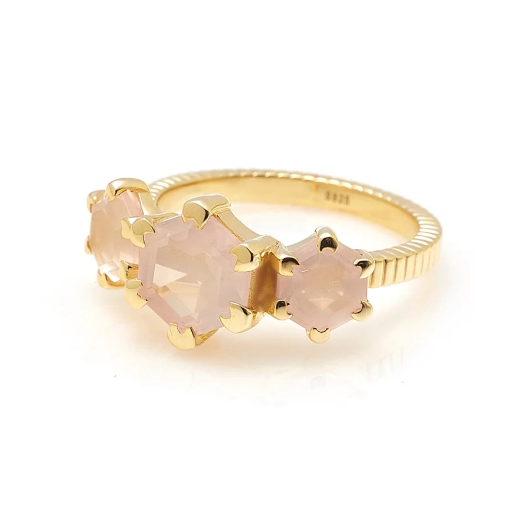Silk & Steel Trinity Ring Rose Quartz + Gold