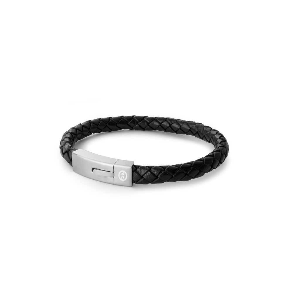 Evolve Latitude Blk Leather Bracelet with Steel Clasp