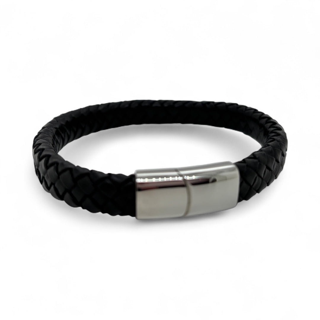 Revolution Black Leather and Stainless Steel Clasp Bracelet | 21.5cm
