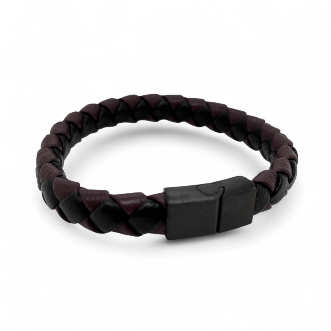 Revolution Maroon & Black Woven Leather and Steel Bracelet