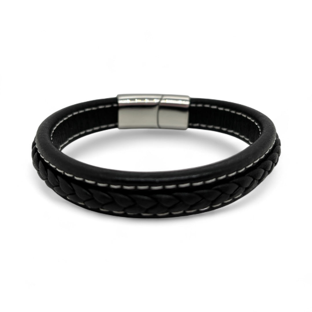 Revolution Black Leather Bracelet with Steel Clasp