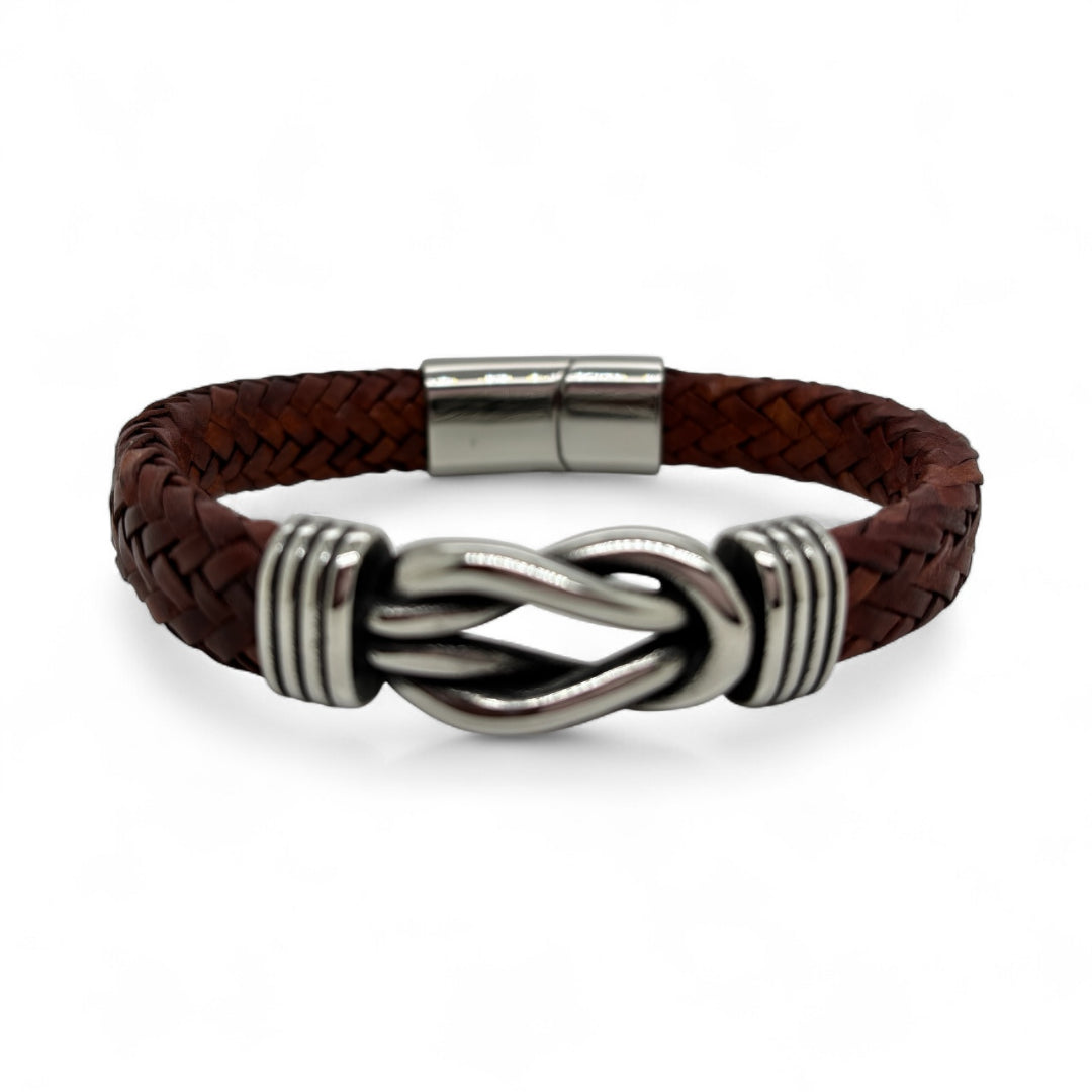 Revolution Steel & Brown Leather Sailing Knot Bracelet | 23cm