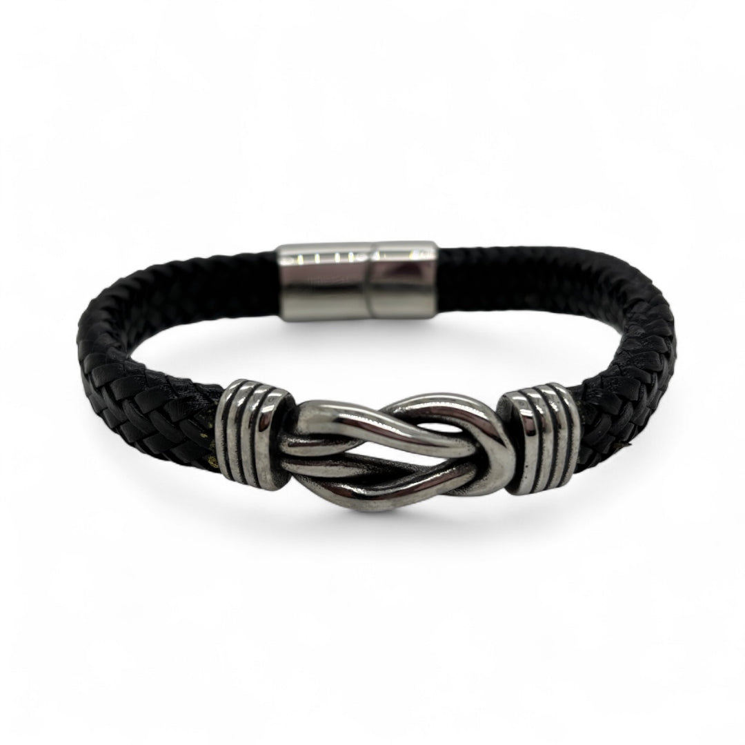 Revolution Black Leather & Steel Sailing Knot Bracelet.