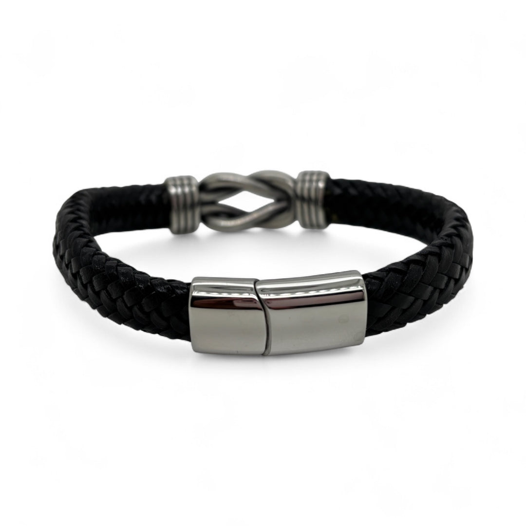 Revolution Black Leather & Steel Sailing Knot Bracelet.