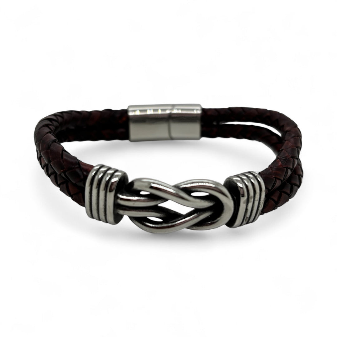 Revolution Steel & Dark Brown Leather Sailing Knot Bracelet | 21.5cm