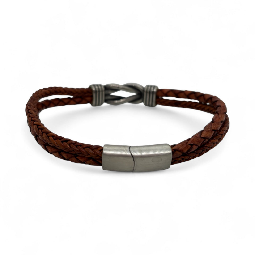 Revolution Steel & Light Brown Leather Sailing Knot Bracelet | 21.5cm
