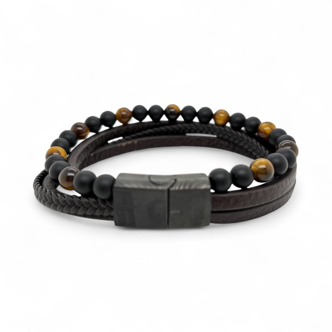 Revolution Steel, Leather & Onyx/Tiger's Eye Bead Bracelet