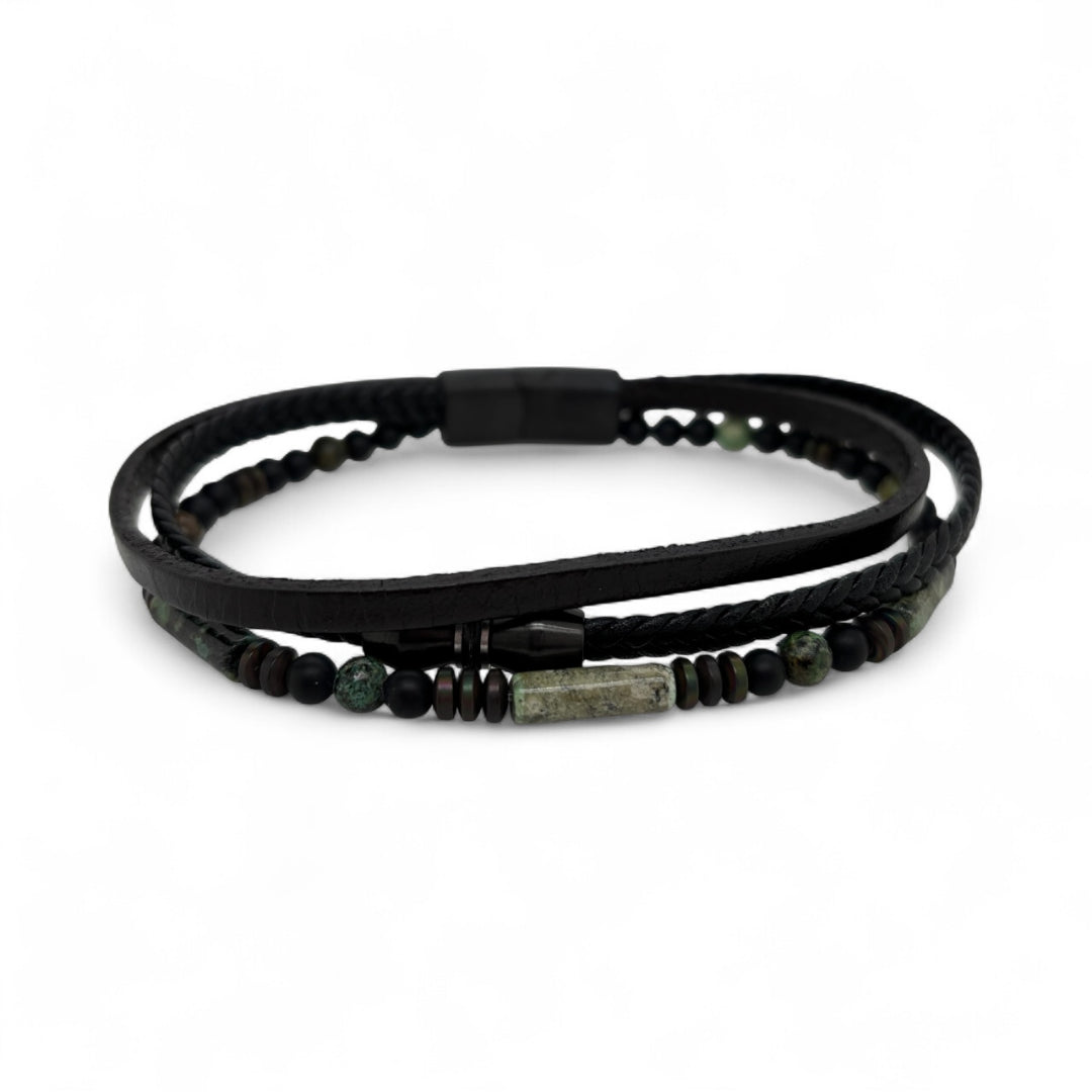 Revolution Black Leather & Onyx/Green Jasper Bracelet | 21.5cm