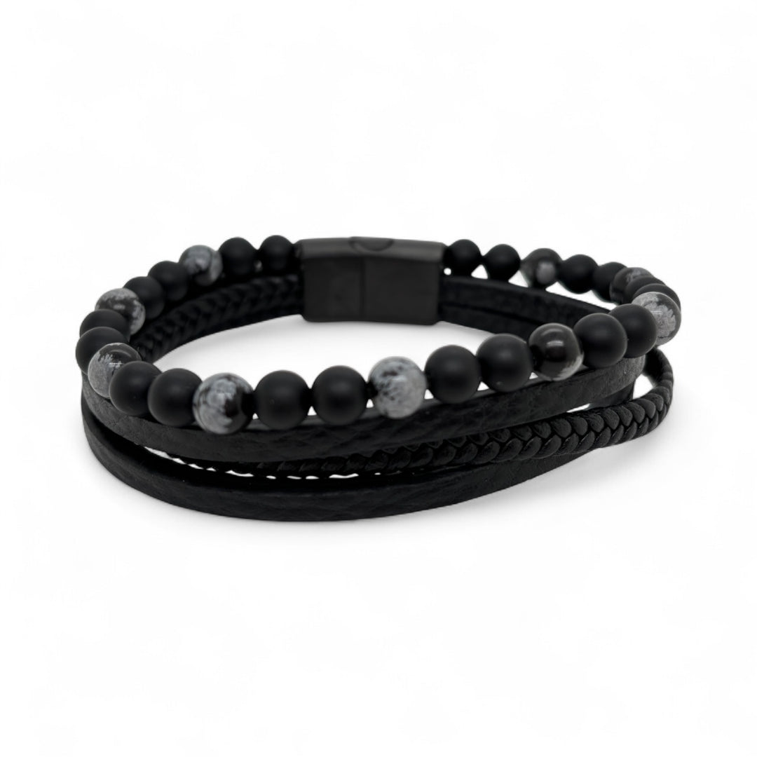 Revolution Black Leather with Onyx & Grey Jasper Bracelet