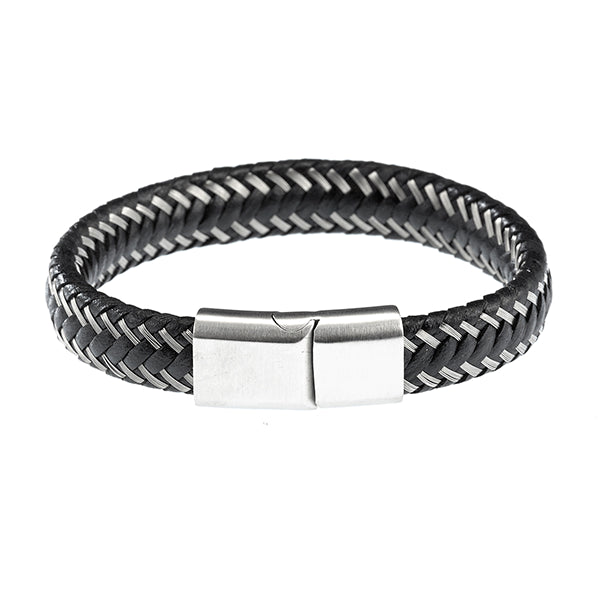 Revolution Steel & Black Leather Plaited Stainless 21.5cm Bracelet