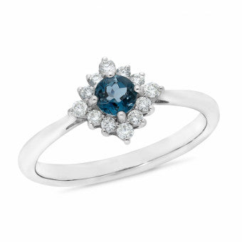 9k White Gold London Blue Topaz + Diamond Ring