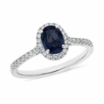 9k White Gold Oval Sapphire + Diamond Ring