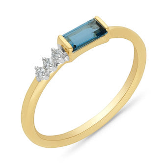 9k Yellow Gold Blue Topaz + Diamond Ring