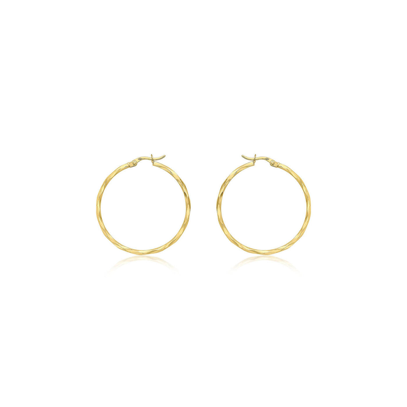 9k Yellow Gold Hollow Diamond Cut Hoop Earrings